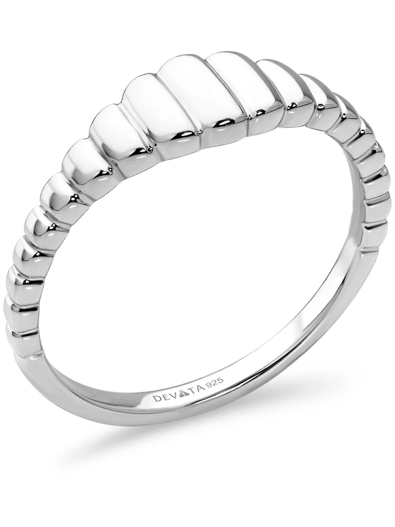 Devata Ribbed Ring in Rhodium Plated Sterling Silver, Size 9