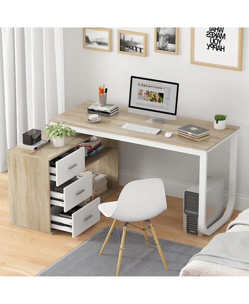 Famapy 55.1 in. L-Shaped Brown Wood Computer Desk Writing Office Executive W/Removable Tabletop, Shelves, 3-Drawers