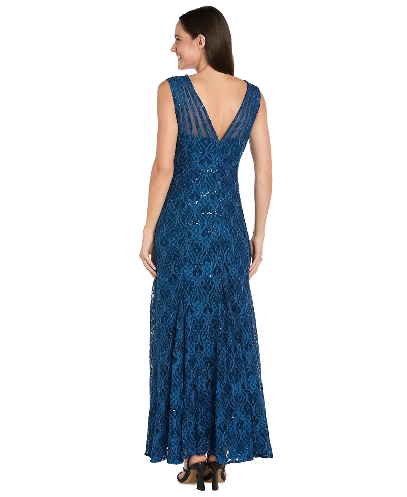 R & M Richards Women's Long Embellished Illusion-Detail Lace Gown