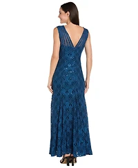 R & M Richards Women's Long Embellished Illusion-Detail Lace Gown