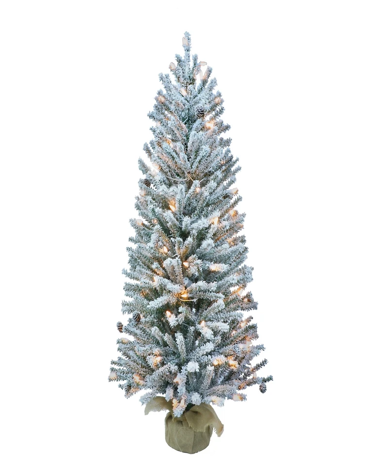 Puleo Pre-Lit Flocked Fir Artificial Christmas Tree with Pines Cones and 50 Lights, 3'