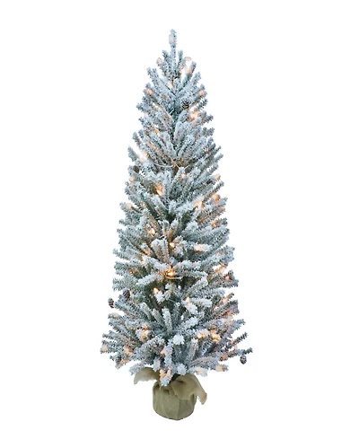 Puleo Pre-Lit Flocked Fir Artificial Christmas Tree with Pines Cones and 50 Lights, 3'