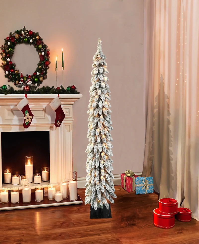 Puleo Pre-Lit Flocked Pencil Alpine Artificial Christmas Tree with 70 Lights, 5'