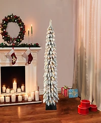 Puleo Pre-Lit Flocked Pencil Alpine Artificial Christmas Tree with 70 Lights, 5'