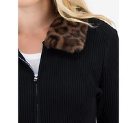 Madden Girl Trendy Plus Fur Collared Zip Cardigan