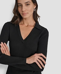 Dkny Jeans Petite Ribbed Johnny-Collar Sweater