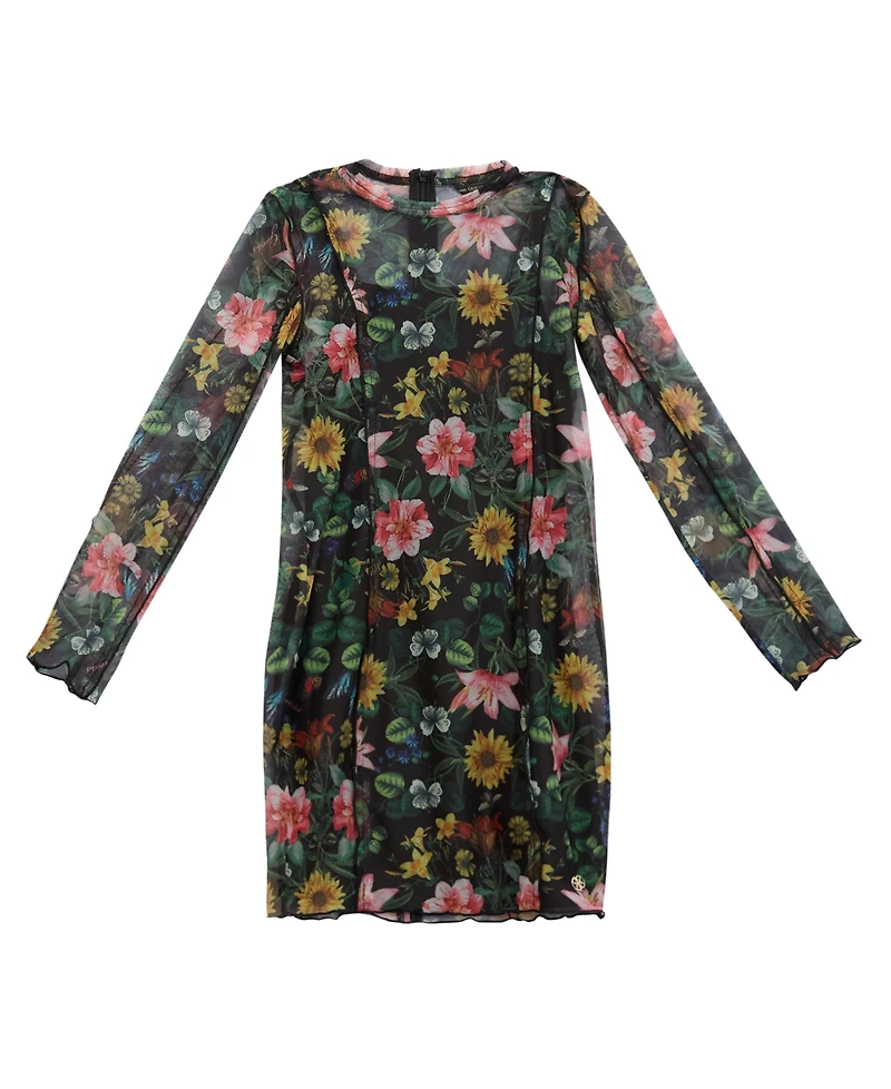 Guess Big Girls Printed Mesh Long Sleeve Dress with Inner Tank