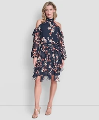 Dkny Cold Shoulder Mock Neck Ruffle Dress