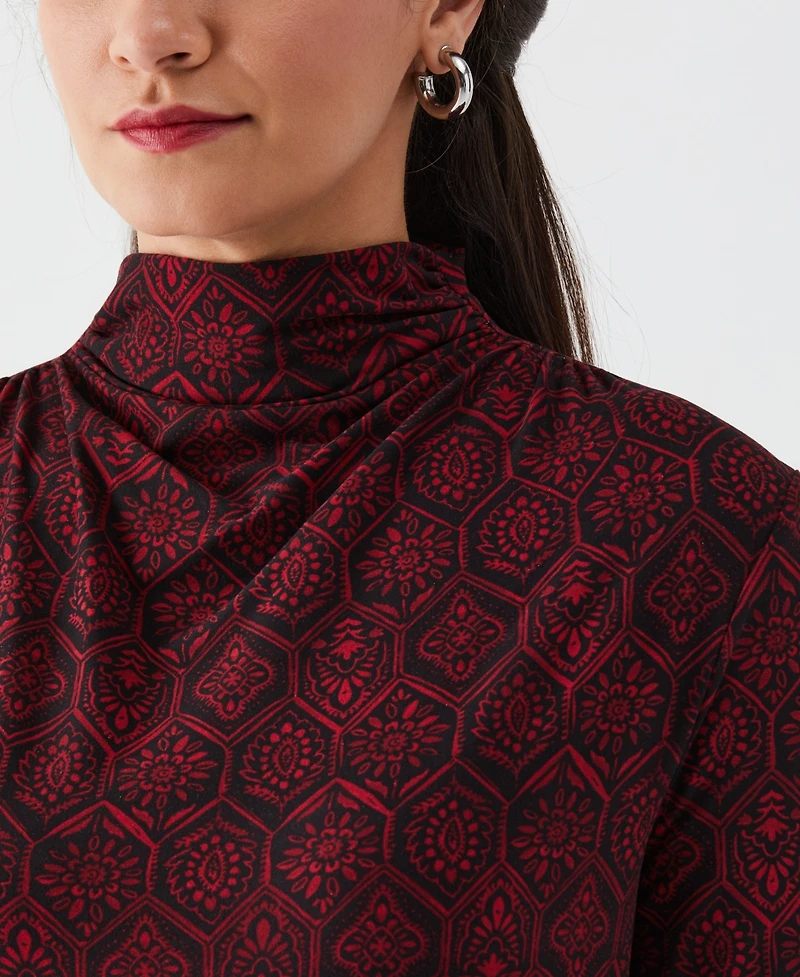 Ella Rafaella Petite Honeycomb Mosaic Print Ruched Mock Neck Long Sleeve Top