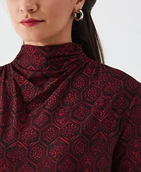 Ella Rafaella Petite Honeycomb Mosaic Print Ruched Mock Neck Long Sleeve Top