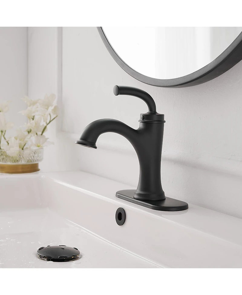 Greenspring Single Handle Bathroom Faucet For One Hole with 3 Holes Deck Plate and Metal Drain In Matte Black