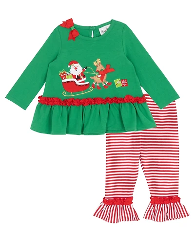 Rare Editions Baby Girl 2-Piece Santa Sleigh Top and Striped Leggings Set