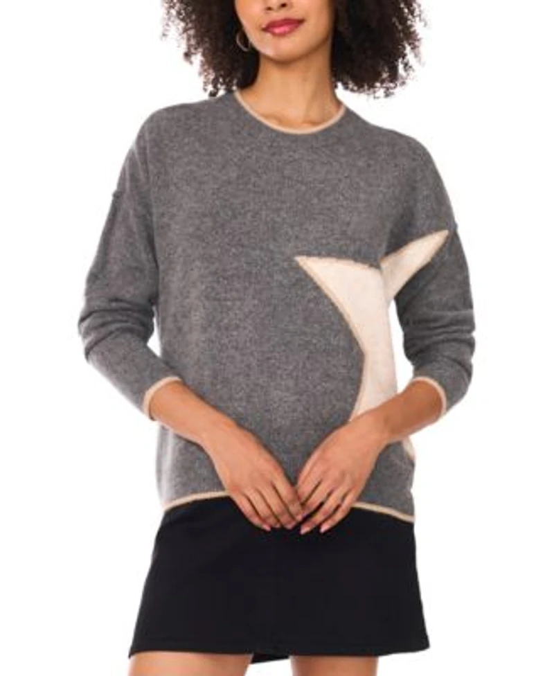 Vince Camuto Womens Crewneck Tipped Star Print Long Sleeve Sweater