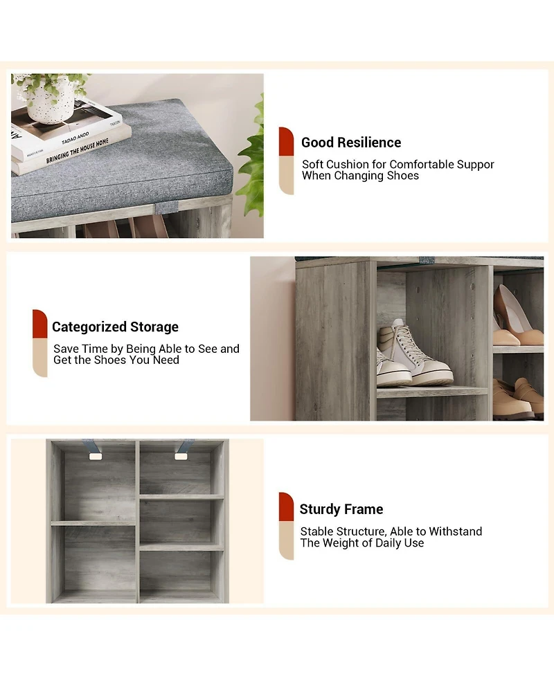 gaomon Shoe Storage Bench with Cushion, 20" Cubby Seat Shoe Cabinet, Cubby Seat Shoe Cabinet with 3-Tier Adjustable Shelf for Living Room Hallway, Gra