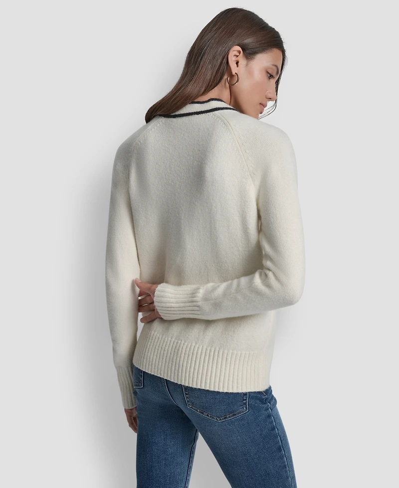 Dkny Jeans Women's Long Sleeve Tipped V-Neck Cardigan Sweater