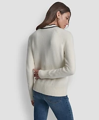 Dkny Jeans Women's Long Sleeve Tipped V-Neck Cardigan Sweater