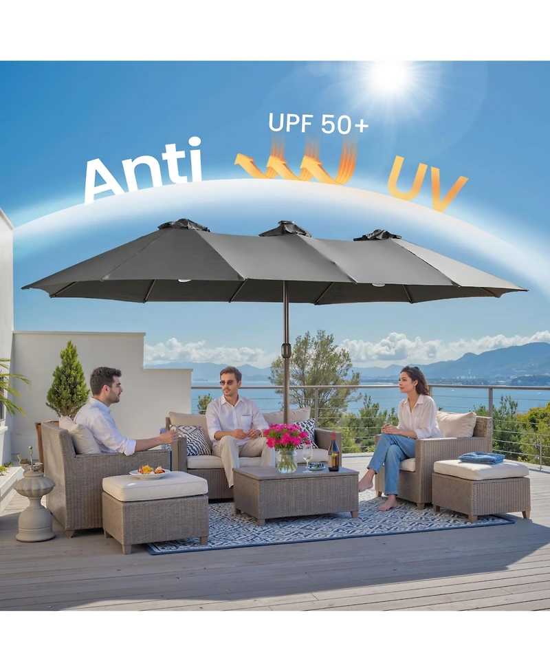 Xizzi 15ft Solar Umbrella Smart Led Lighted Patio Umbrella,12 Heavy Duty Ribs Large Outdoor Double Sided Rectangle with Light Modes and Base