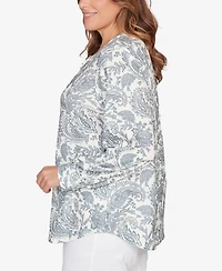 Hearts Of Palm Plus Printed Long Sleeve Hatchi Lace Neck Tunic Top