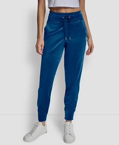 Dkny Women's Platinum Velour Rhinestone Logo Slim Fit Joggers
