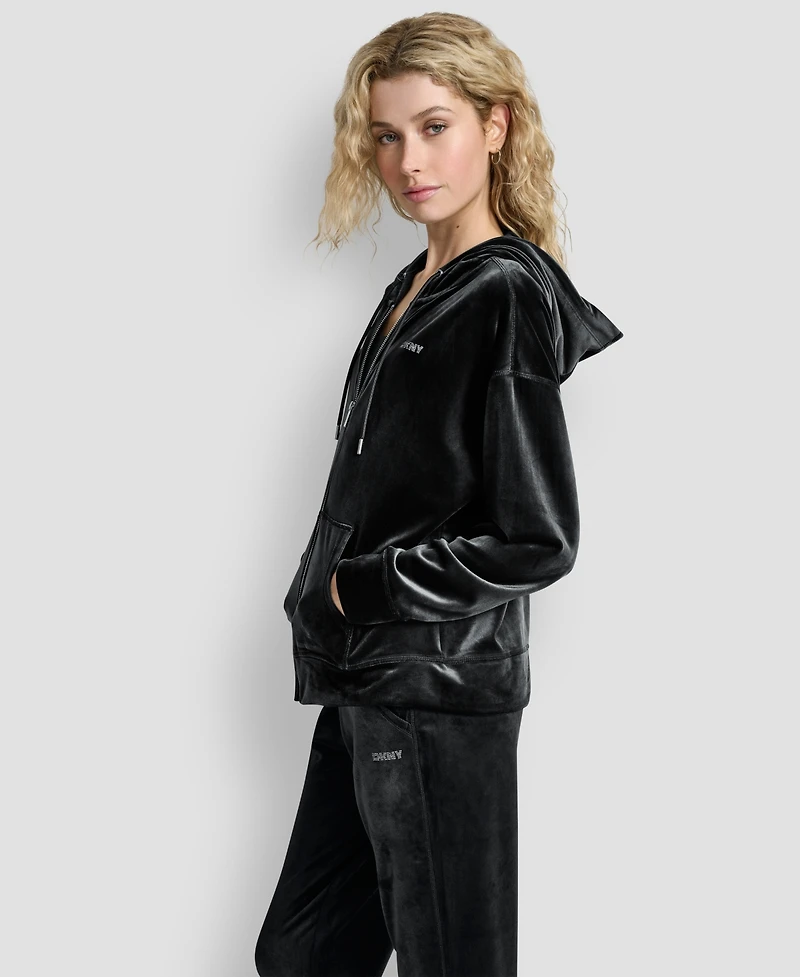 Dkny Women's Platinum Velour Rhinestone Logo Full-Zip Hoodie