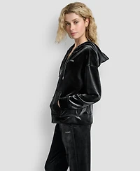 Dkny Women's Platinum Velour Rhinestone Logo Full-Zip Hoodie