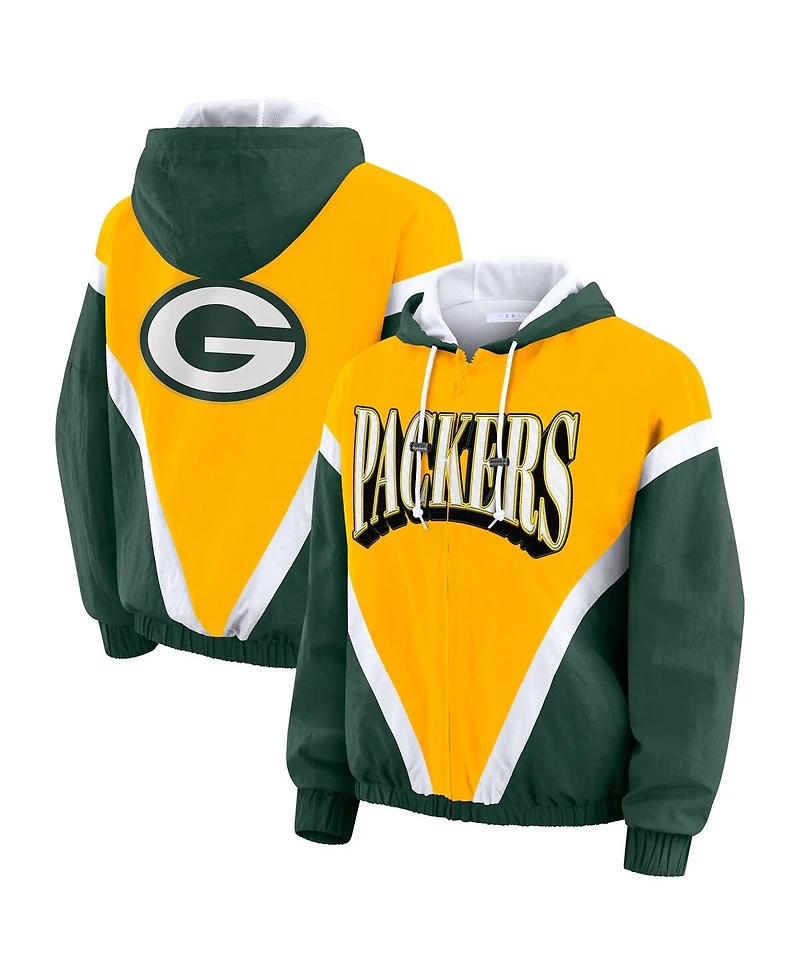 Wear by Erin Andrews Women's Gold/Green Green Bay Packers Retro Crinkle Full-Zip Hoodie Windbreaker Jacket