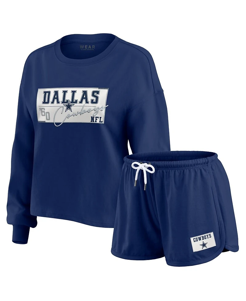 Wear by Erin Andrews Women's 2-Piece Navy Dallas Cowboys Heavy Rugby Jersey Long Sleeve T-Shirt and Shorts Lounge Set