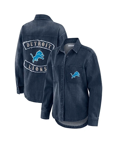 Wear by Erin Andrews Women's Denim Detroit Lions Washed Oversized Full-Snap Shacket