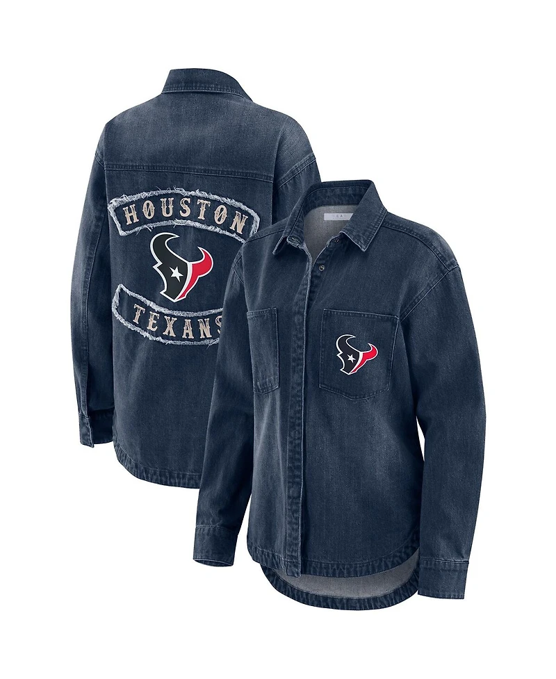 Wear by Erin Andrews Women's Denim Houston Texans Washed Oversized Full-Snap Shacket