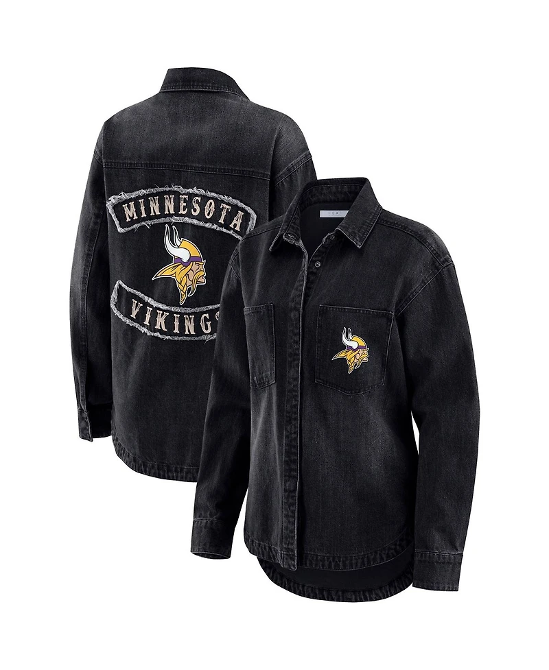 Wear by Erin Andrews Women's Black Minnesota Vikings Washed Oversized Denim Full-Snap Shacket
