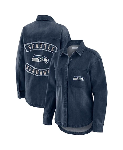 Wear by Erin Andrews Women's Denim Seattle Seahawks Washed Oversized Full-Snap Shacket