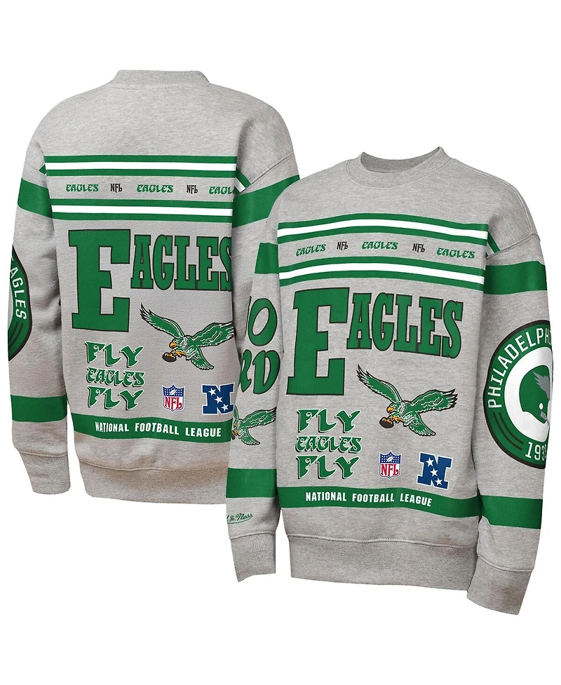 Mitchell & Ness Big Boys and Girls Gray Philadelphia Eagles Throwback All-Over Print Fleece Sweatshirt