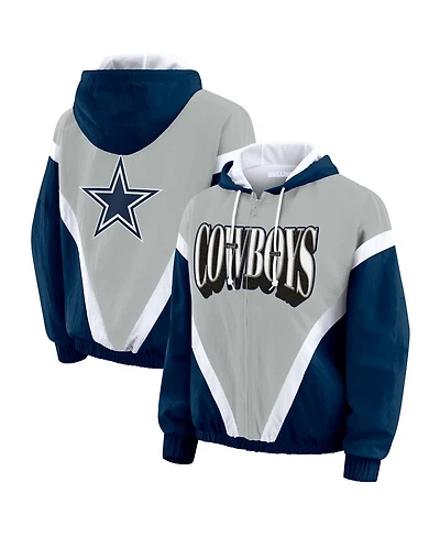 Wear by Erin Andrews Women's Navy/Silver Dallas Cowboys Retro Crinkle Full-Zip Hoodie Windbreaker Jacket