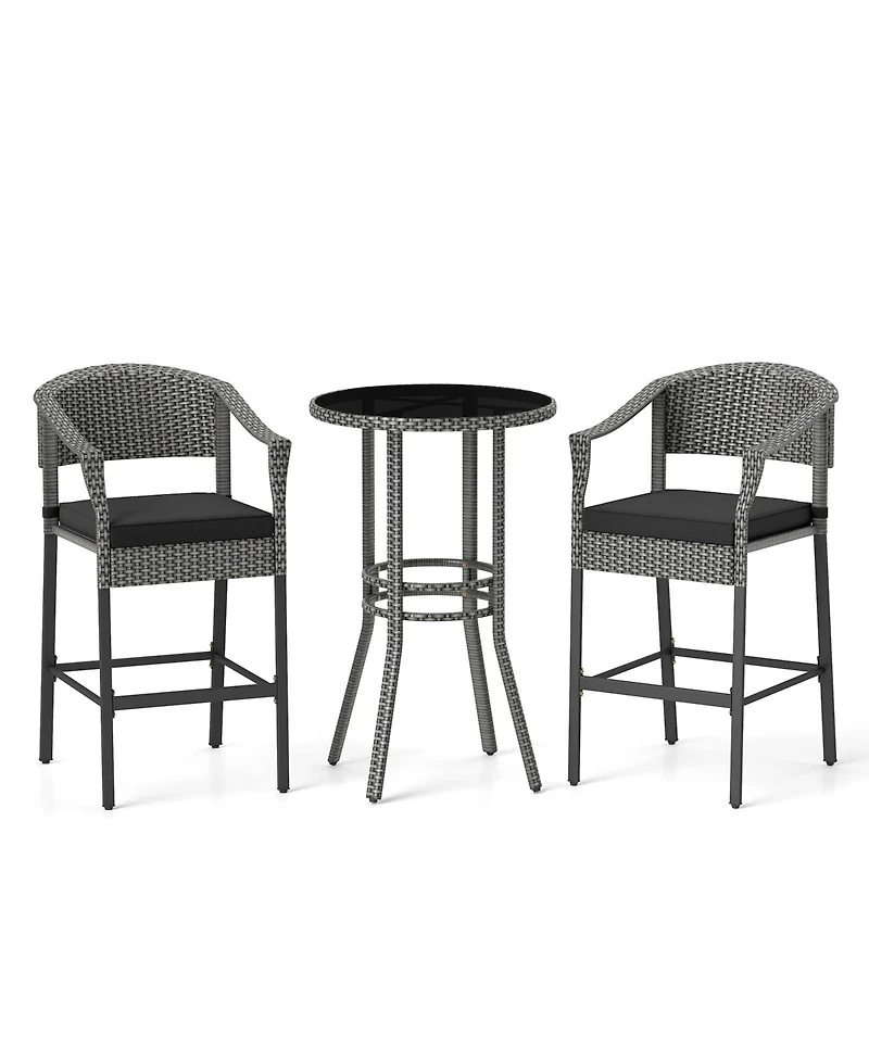 Gymax 3-Piece Patio Bar Set Outdoor Wicker Bar Height Round Table & Armchairs Set