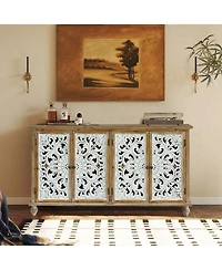 Lovmor Brand 4-Door Fir Wood & Mdf Distressed Finish, Hollow-Carved Doors + Accent Cabinet