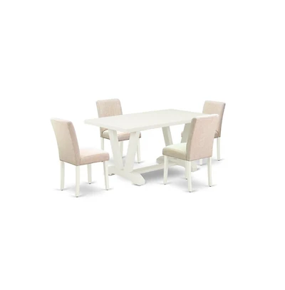 East West Furniture 5-Pc Dinette Room Set - 4 Parson Dining Chairs and 1 Modern Rectangular Linen White Wooden Dining Table with High Chair Back
