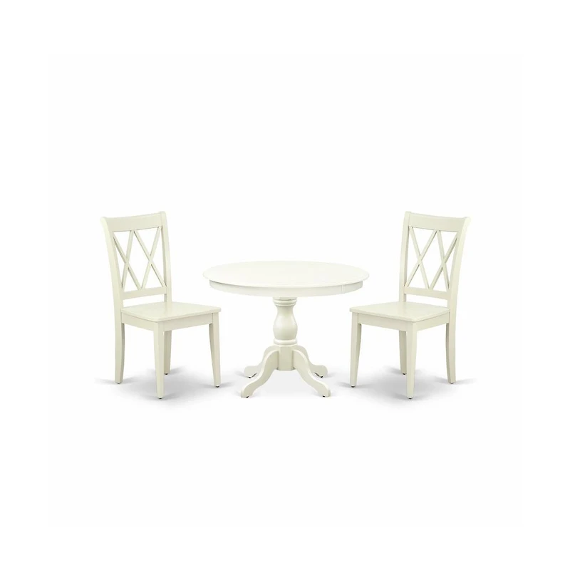 East West Furniture 3 Piece Dining Table Set - Linen White Dinner Table and 2 Linen White Kitchen Chairs with Double X-Back - Linen White Finish