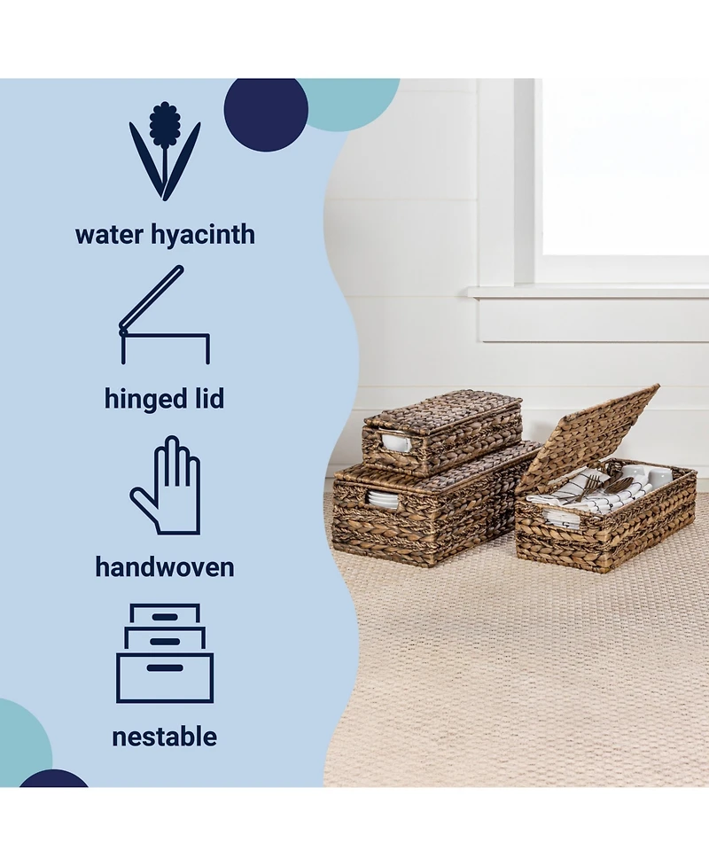 Hand-Woven Hyacinth Storage Baskets with Handles and Lids (Set of 3)