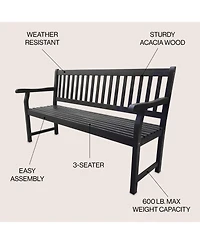 Jonathan Y Laurel 59.1" 3-Seat Slat-Back 600-Lbs Support Acacia Wood Outdoor Garden Patio Bench