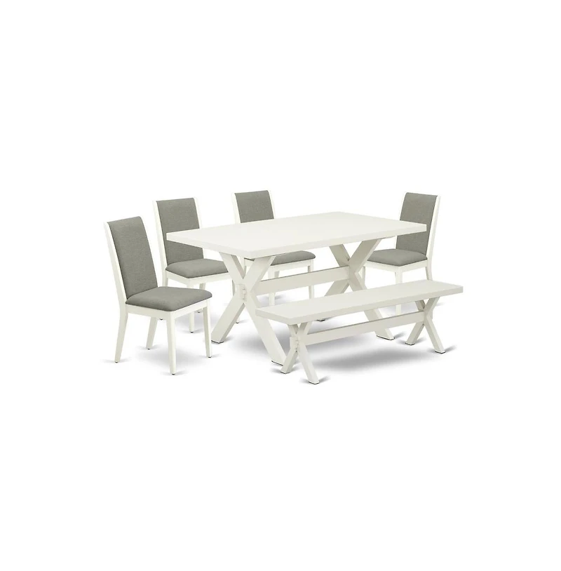 East West Furniture 6-Piece Dinette Set an Outstanding Linen White dining tabletop and Linen Bench and 4 Stunning Linen Fabric Parson Dining Chairs