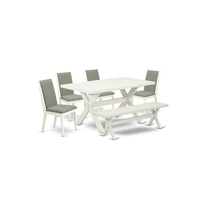 East West Furniture 6-Piece Dinette Set an Outstanding Linen White dining tabletop and Linen Bench and 4 Stunning Linen Fabric Parson Dining Chairs