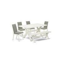 East West Furniture 6-Piece Dinette Set an Outstanding Linen White dining tabletop and Linen Bench and 4 Stunning Linen Fabric Parson Dining Chairs