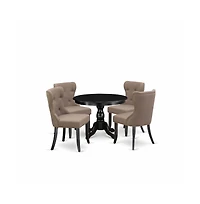 East West Furniture 5 Piece Kitchen Dining Table Set - Black Wood Table and 4 Coffee Linen Fabric Dining Chairs Button Tufted Back with Nail Heads