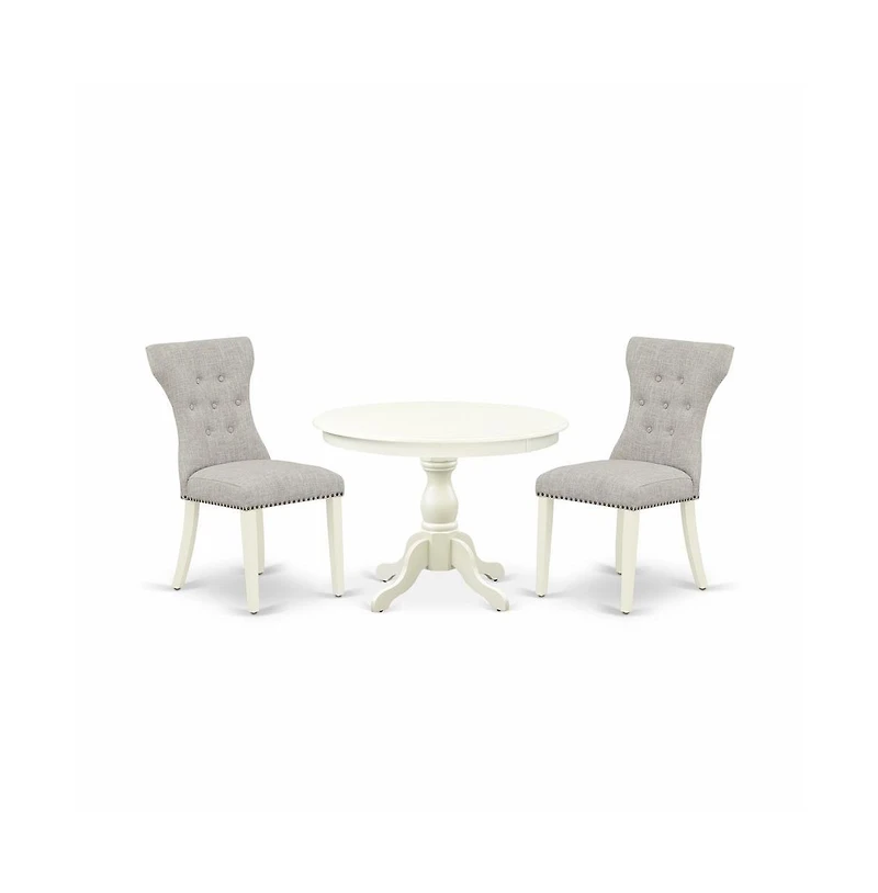 East West Furniture 3 Piece Table Set - Linen White dinner Table and 2 Doeskin Linen Fabric Kitchen Chairs Button Tufted Back with Nail Heads