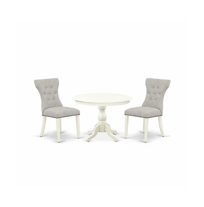 East West Furniture 3 Piece Table Set - Linen White dinner Table and 2 Doeskin Linen Fabric Kitchen Chairs Button Tufted Back with Nail Heads