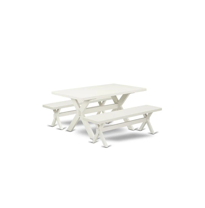 East West Furniture 3 Piece Kitchen Dining Table Set - 1 Linen White Wood Table and 2 Wood Benches - Stable and Sturdy Constructed