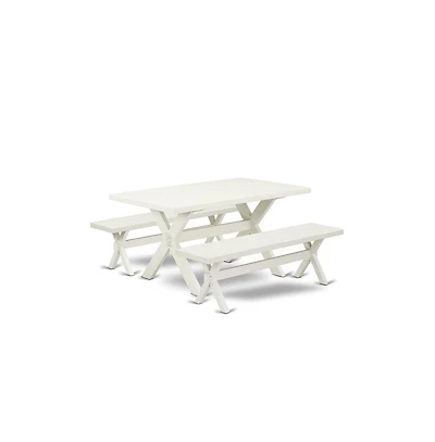 East West Furniture 3 Piece Kitchen Dining Table Set - 1 Linen White Wood Table and 2 Wood Benches - Stable and Sturdy Constructed