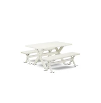 East West Furniture 3 Piece Kitchen Dining Table Set - 1 Linen White Wood Table and 2 Wood Benches - Stable and Sturdy Constructed