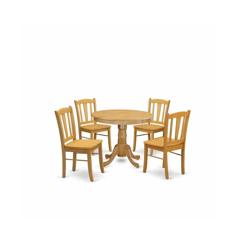 East West Furniture 5-Pc Dining Room Table Set- 4 Dining Room Chair and dining table - Wooden Seat and Slatted Chair Back - Oak Finish