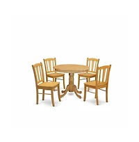 East West Furniture 5-Pc Dining Room Table Set- 4 Dining Room Chair and dining table - Wooden Seat and Slatted Chair Back - Oak Finish